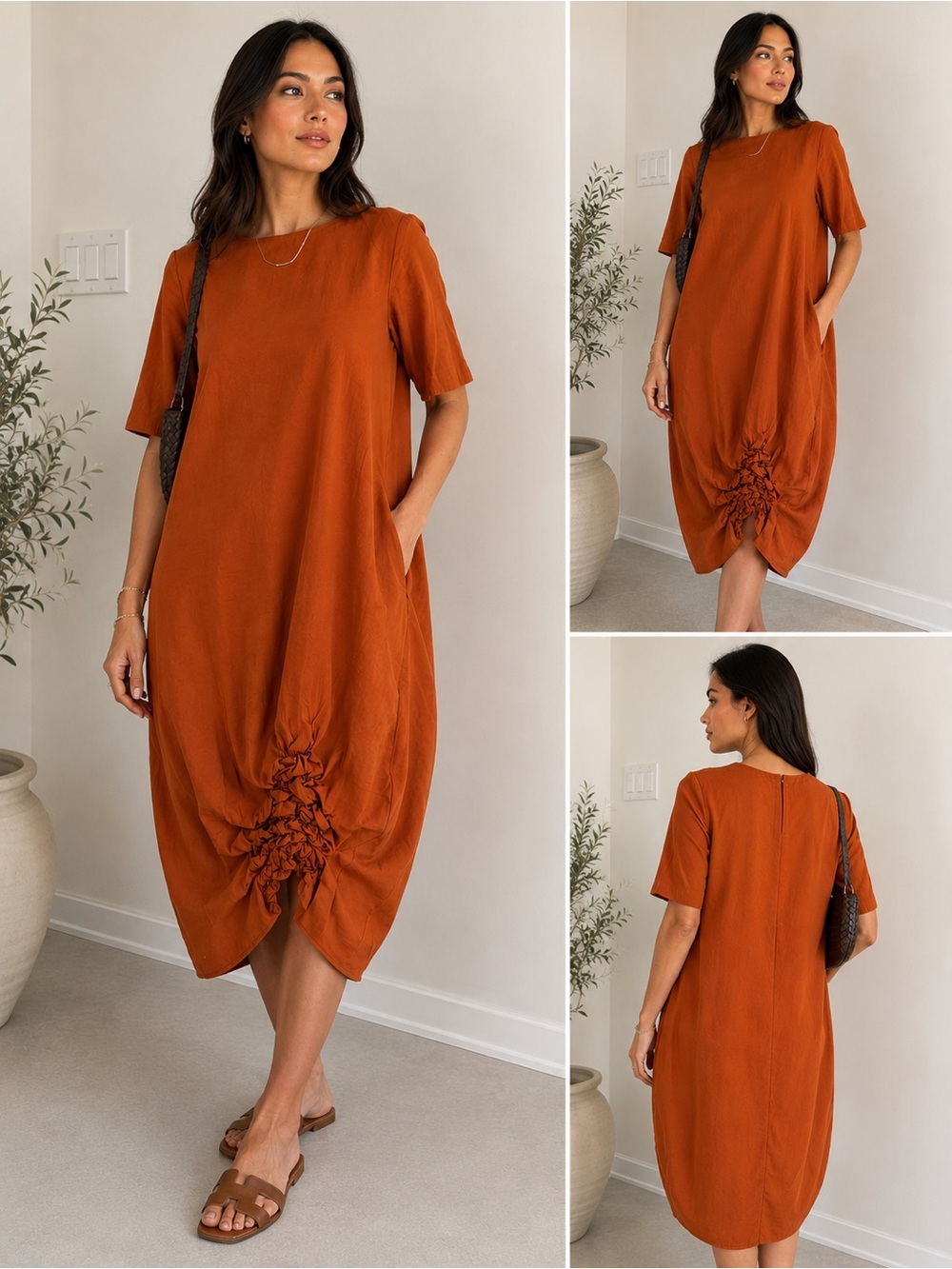 COS Rust Orange Ruched Midi Dress Size 4